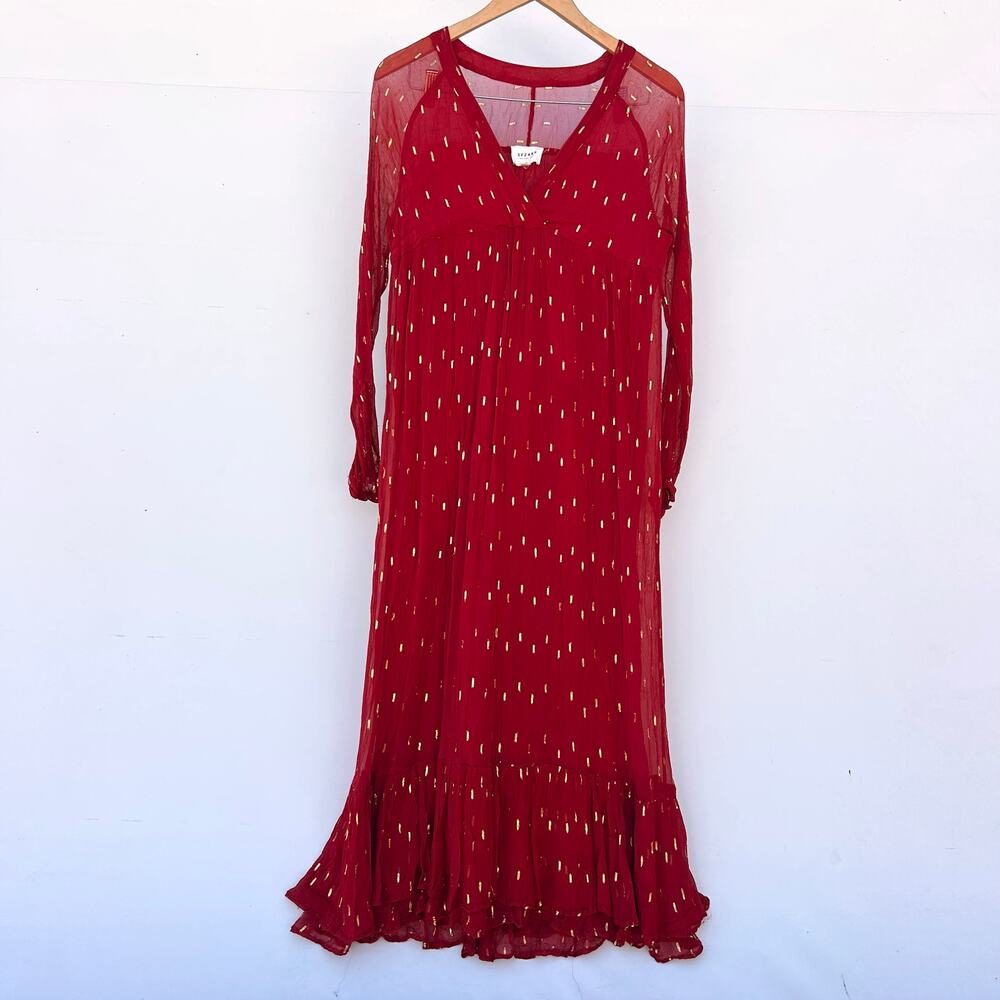 Sezane Celeste Maxi Dress Long Sleeve Red Sheer Bohemian Boho 36 Size 4 - Picture 3 of 10